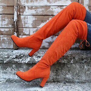Orange Faux Suede Over the Knee Boots Block Heel Round Toe Size 6 NEW